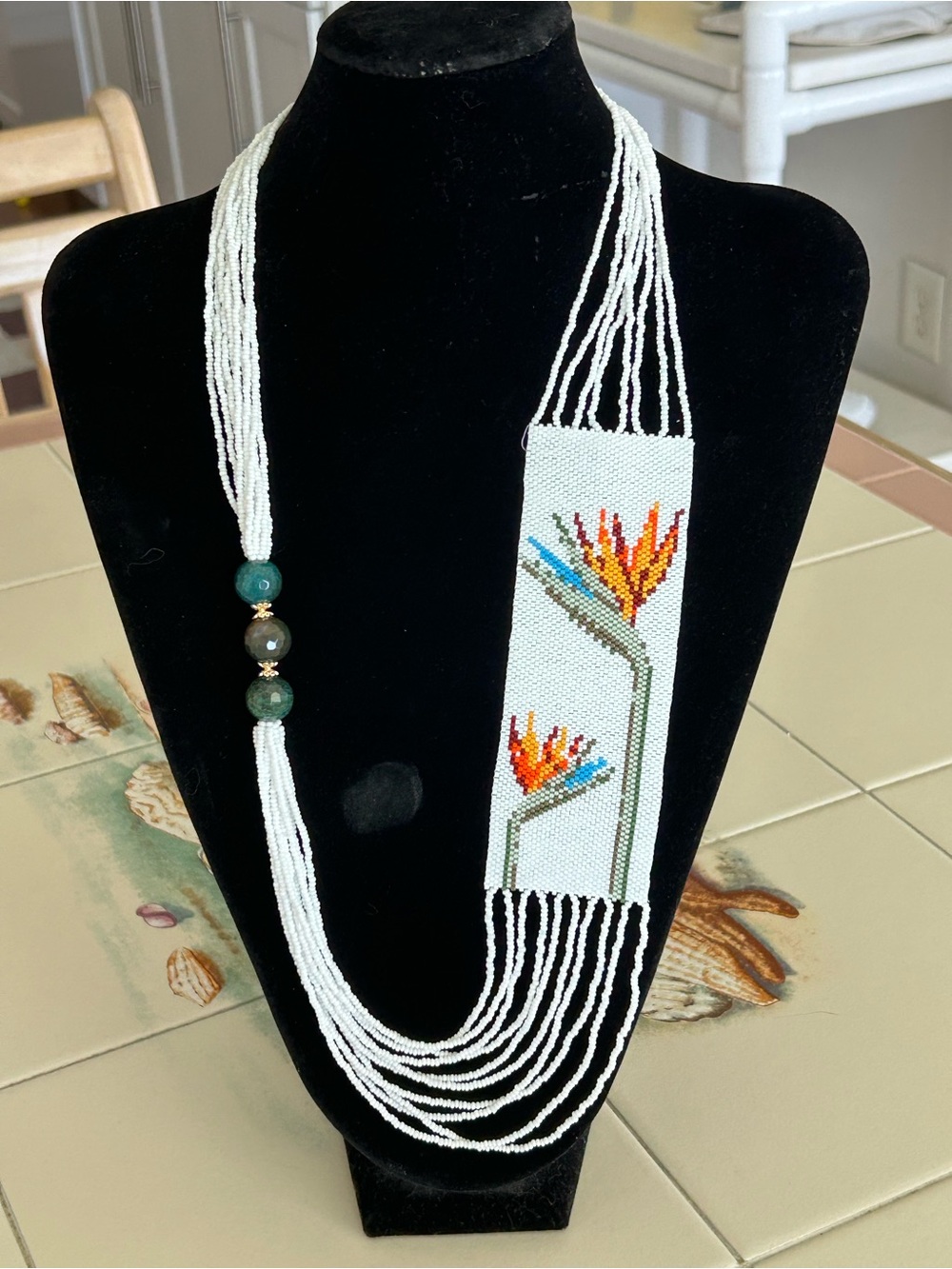 White Seed-Bead Necklace with Floral Beadwork Panel